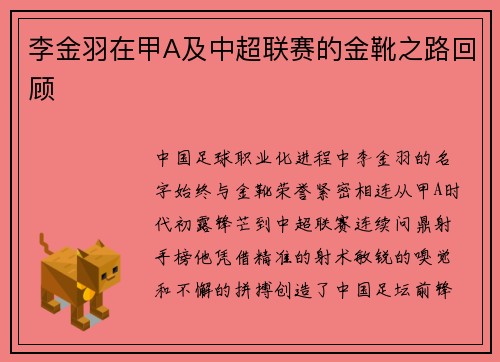 李金羽在甲A及中超联赛的金靴之路回顾